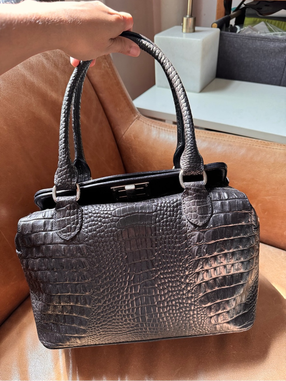 Italian croc embossed leather Classic Structured Tote hardware buckle silver